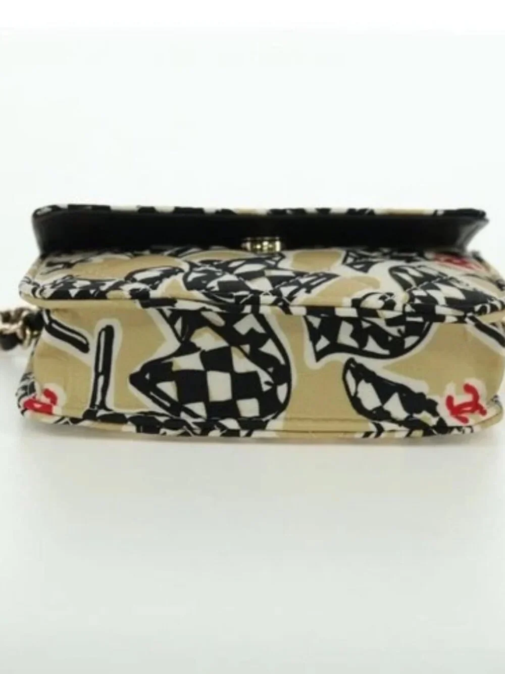 CHANEL Matelasse Checker Flag Chain Pouch Cotton Beige CC Auth YKZ1020SAM